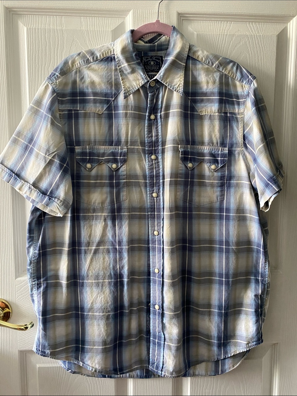 Lucky Brand Blue and White Plaid Short-Sleeve Western Style Snap Shirt L